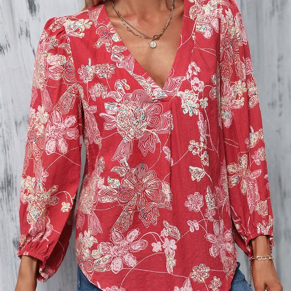 New Floral Print Lantern Sleeve Blouse Red - Picture 6 of 6